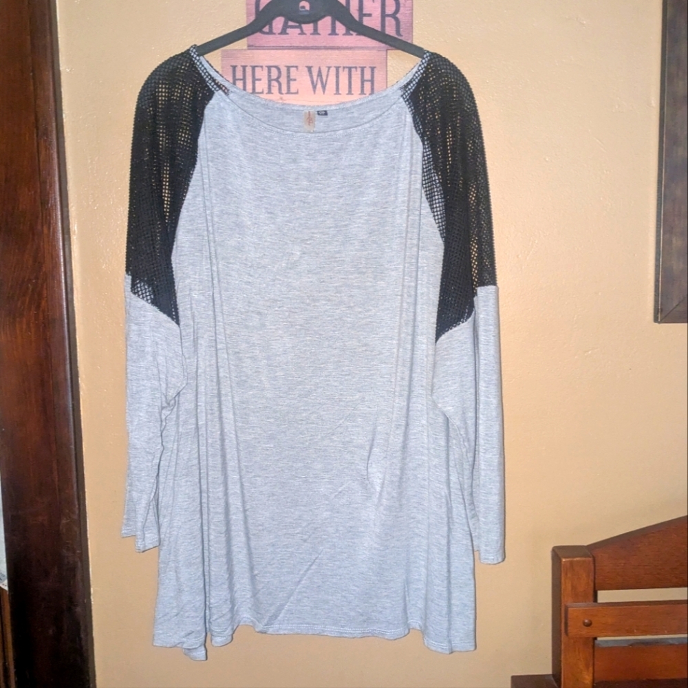 Rhonda Sheer Gray and Black Fishnet Sleeves Women's Top 3XL Long Sleeve